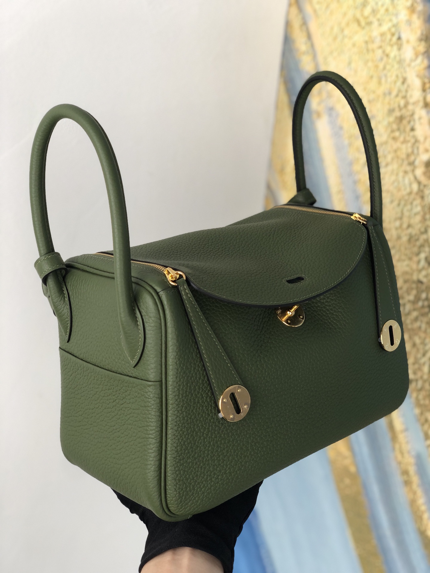 에르메스 린디백26 그린 금장 끌레망스 가죽